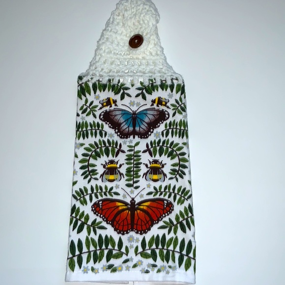 Hand Crafted Crochet Top Butterfly Hanging Kitchen Dish or Bathroom Hand Towel